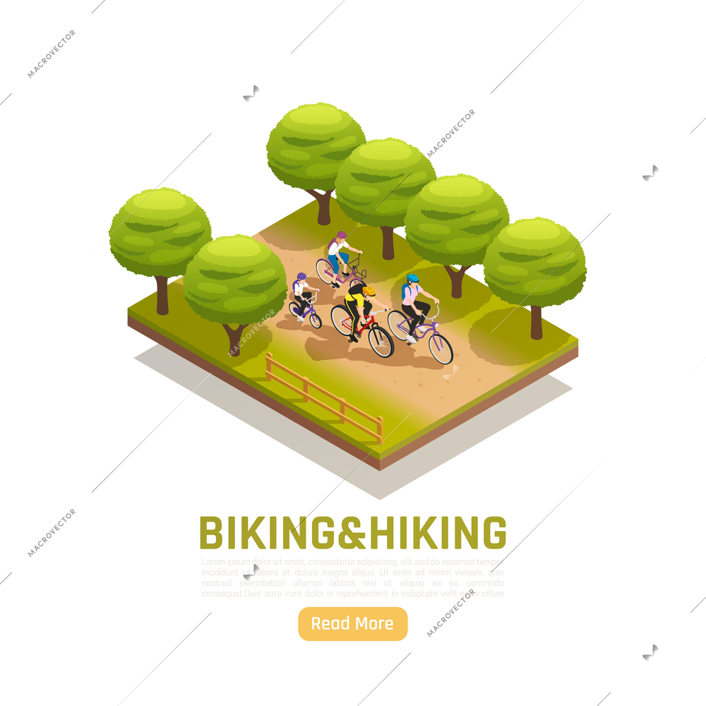 Biking and hiking isometric composition with family riding bicycles in city park vector illustration