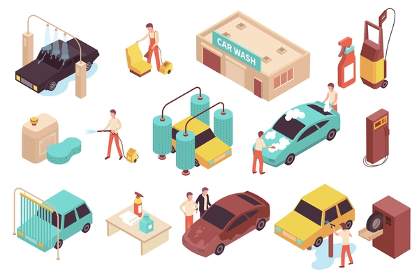 Car washing process workers and tools for cleaning vehicles isometric icons set 3d vector illustration