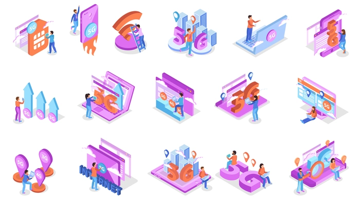 5g internet colored icons set with human characters and electronic devices 3d isometric isolated vector illustration