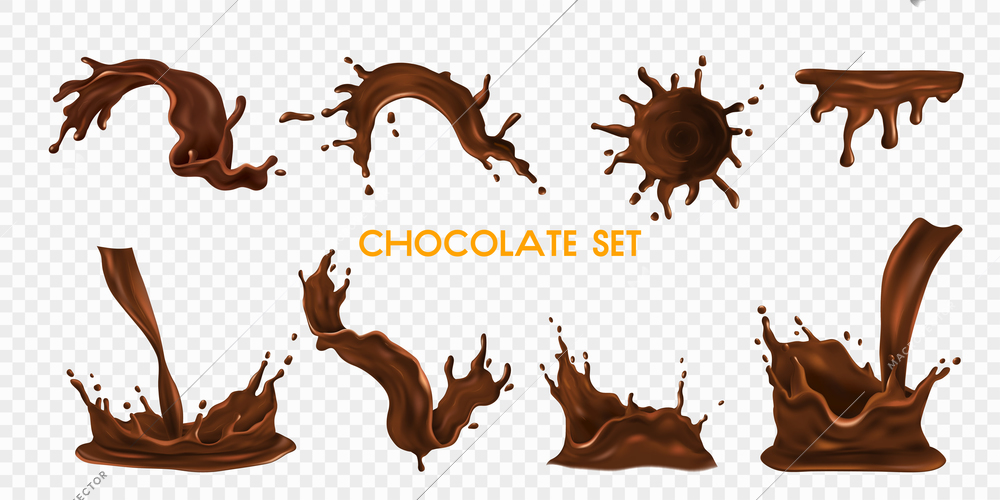 Chocolate splash and drop realistic transparent set isolated vector illustration