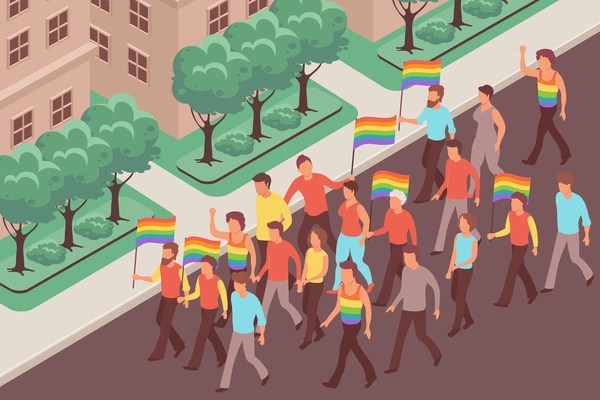 Lgbt protest background with men and women holding flags going down street 3d isometric vector illustration