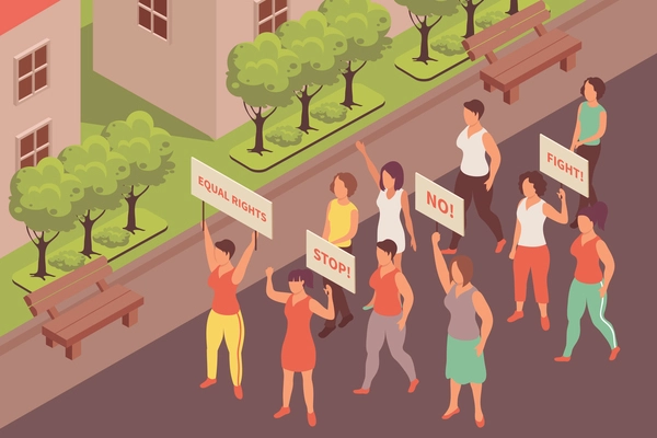 Feminism isometric background with group of female activists for women rights with protest posters 3d vector illustration