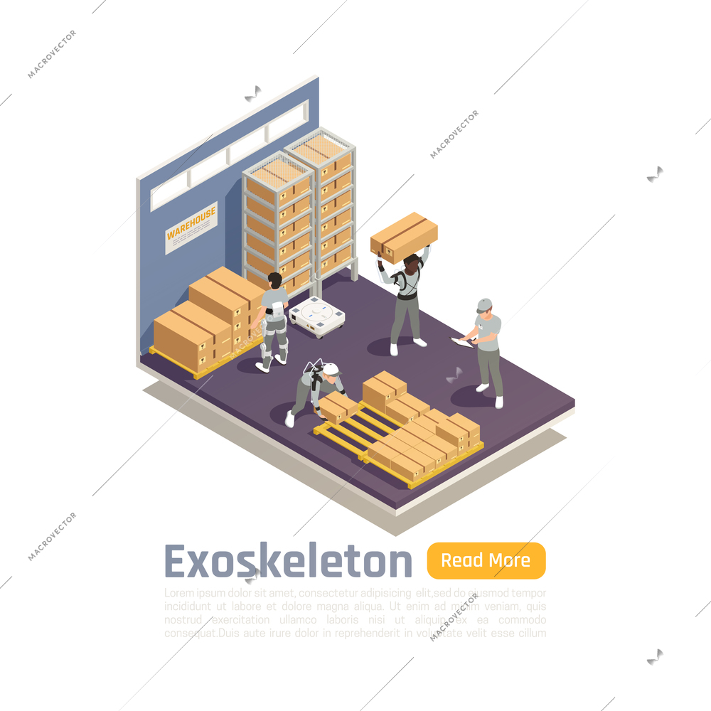 Warehouse isometric composition with workers using exoskeleton as scientific achievement of bionics technologies vector illustration