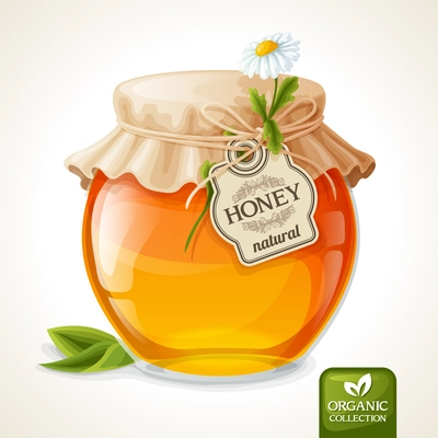 Natural sweet golden organic honey in glass jar with tag and paper cover vector illustration