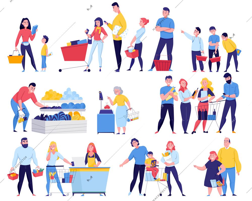 Supermarket and customers set with  queue and goods symbols flat isolated vector illustration