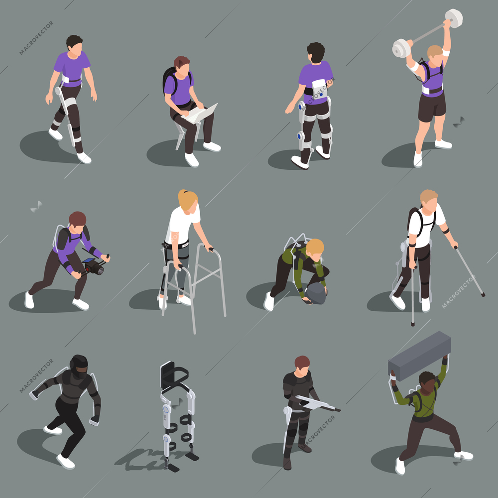 Bionics technology isometric icons set of people in exoskeleton suits engaged in sports hard work or walking isolated vector illustration