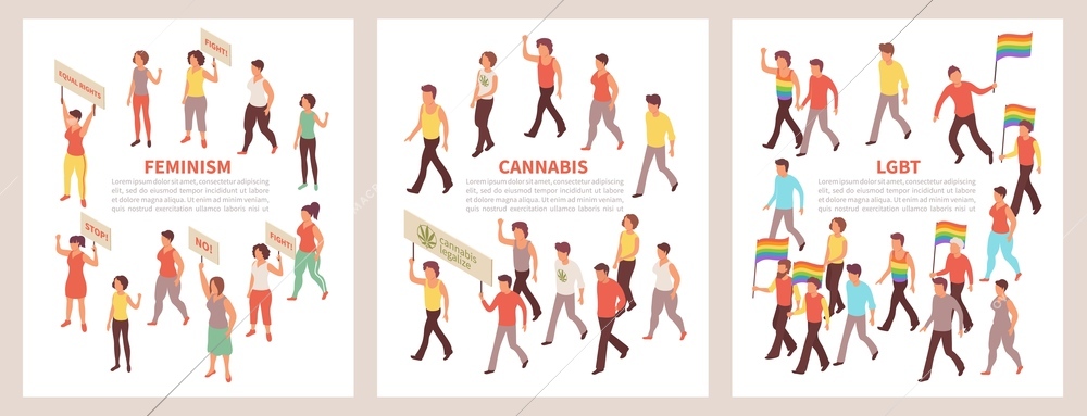 Street protest action and demonstration isometric composition with male and female activists for human rights and cannabis legalization 3d isolated vector illustration