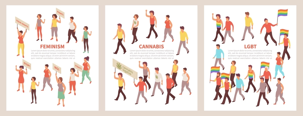 Street protest action and demonstration isometric composition with male and female activists for human rights and cannabis legalization 3d isolated vector illustration