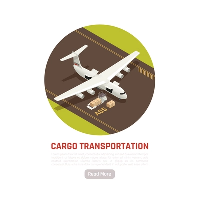 Cargo transportation isometric round illustration with airplane on runway of airfield and boxes of freight vector illustration