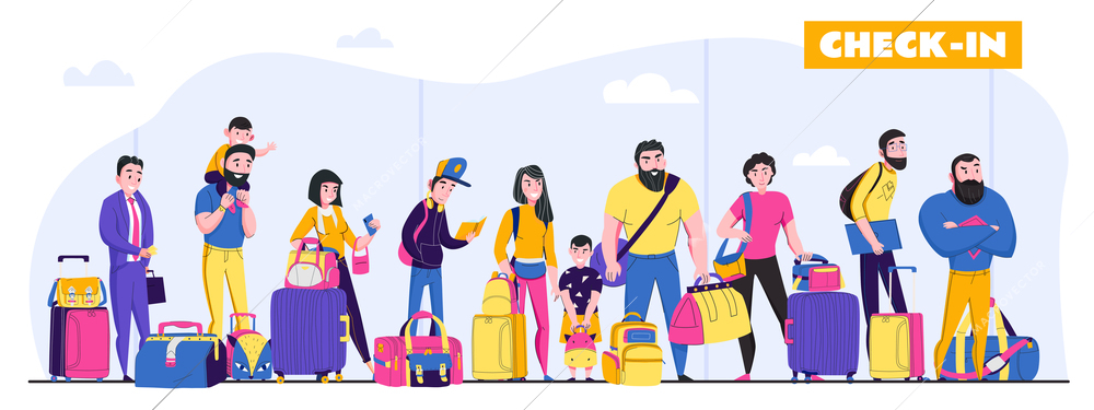 Family vacation horizontal composition with chech in symbols flat vector illustration