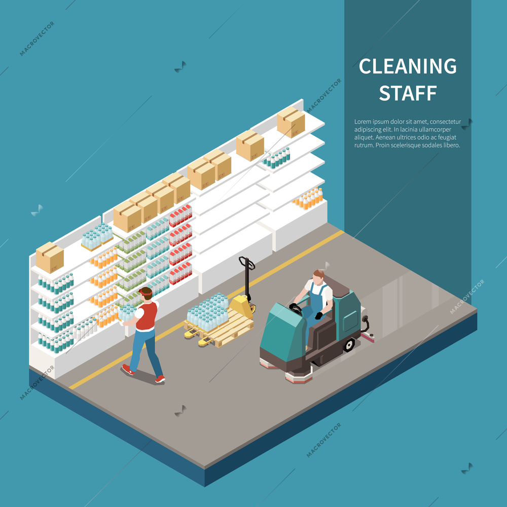 Professional cleaning service isometric composition with warehouse store space   floor buffer heavy duty industrial machinery vector illustration
