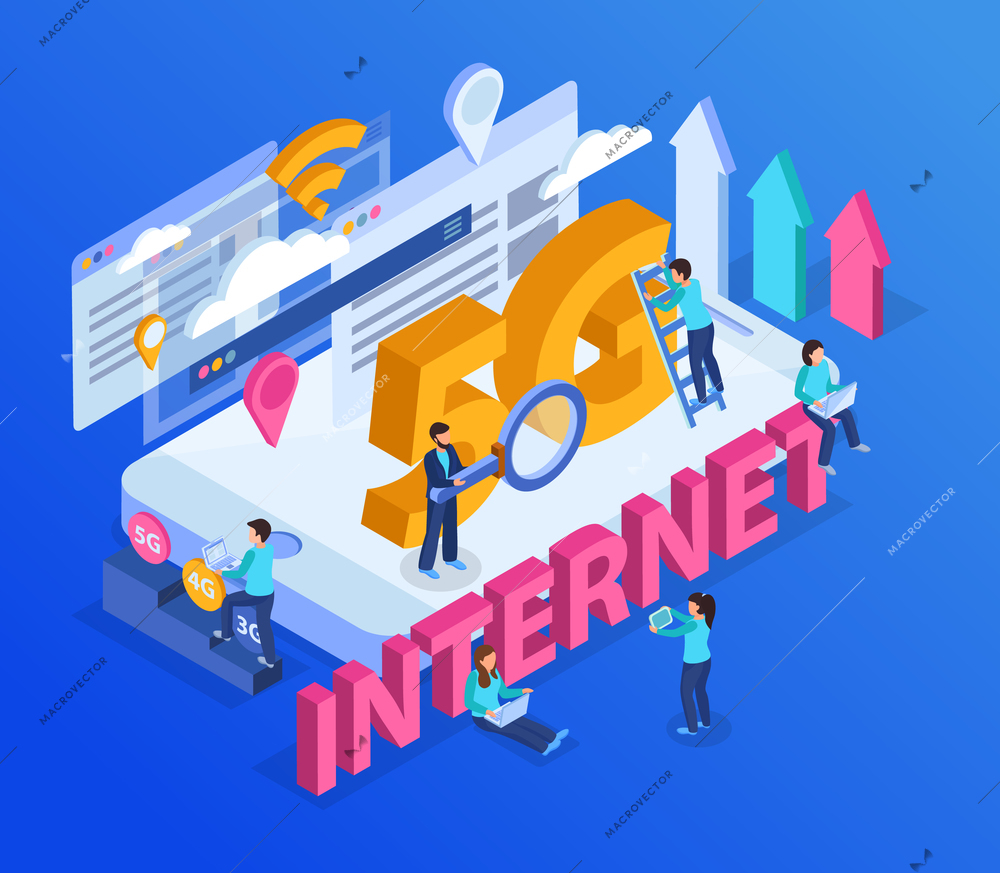 5g internet composition with human characters using electronic gadgets 3d isometric vector illustration