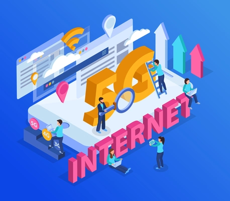 5g internet composition with human characters using electronic gadgets 3d isometric vector illustration