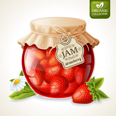 Natural organic homemade strawberry jam in glass with tag and paper cover vector illustration