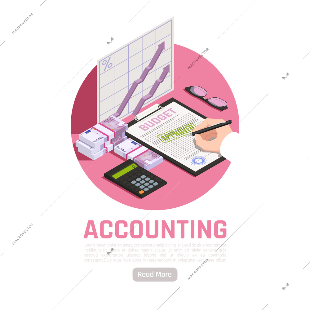 Accounting isometric design concept with calculator cash money and head approving  budget of firm vector illustration