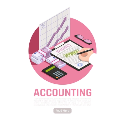 Accounting isometric design concept with calculator cash money and head approving  budget of firm vector illustration