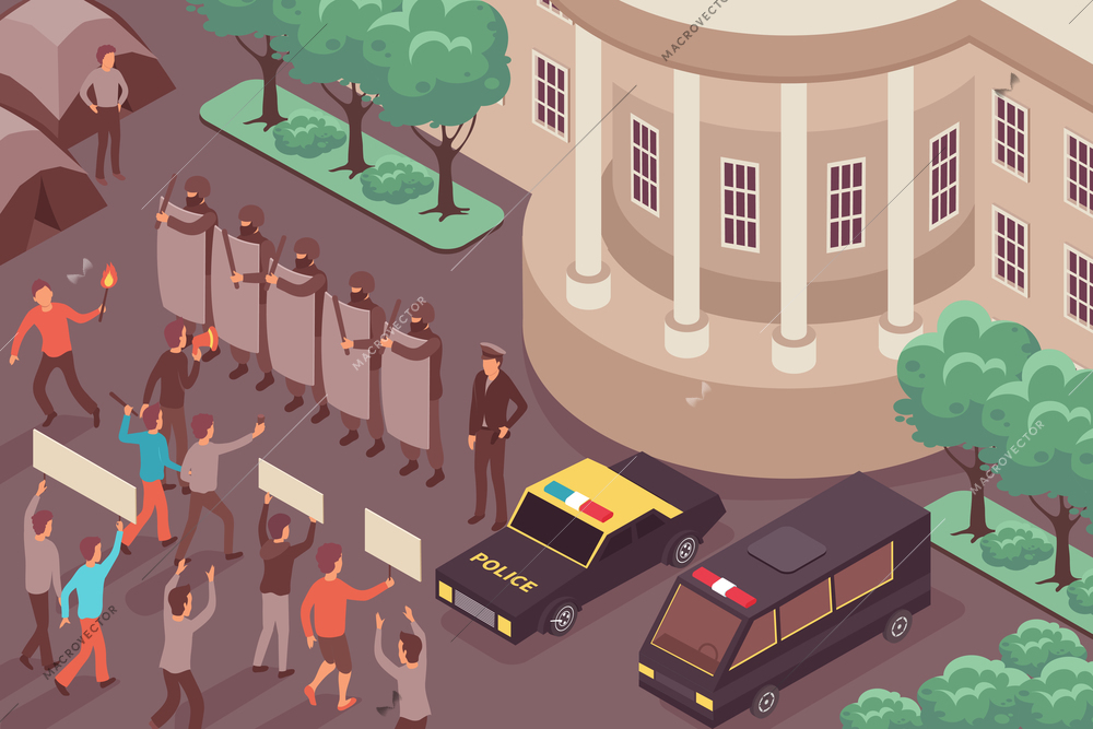People organizing protest in front of town hall 3d isometric vector illustration