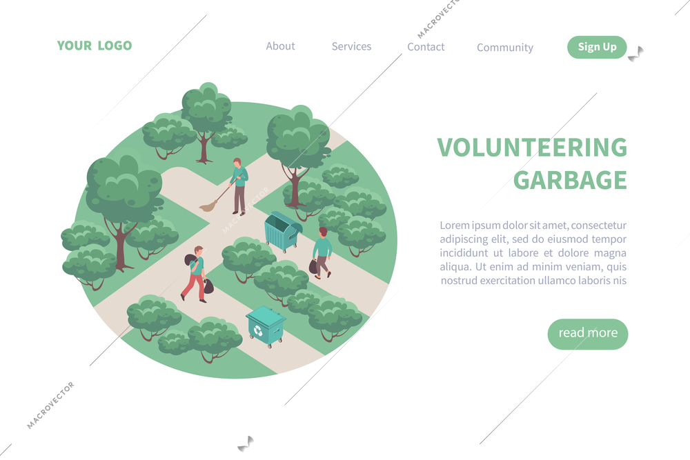 Isometric web page with volunteers collecting garbage and sweeping streets 3d vector illustration