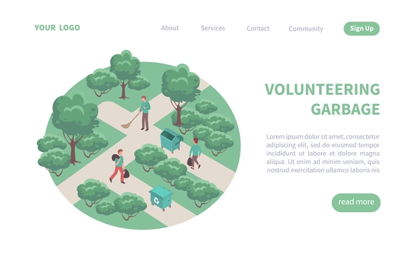 Isometric web page with volunteers collecting garbage and sweeping streets 3d vector illustration