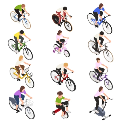 Adult people and children riding on sports road and walking bicycles isometric set isolated vector illustration