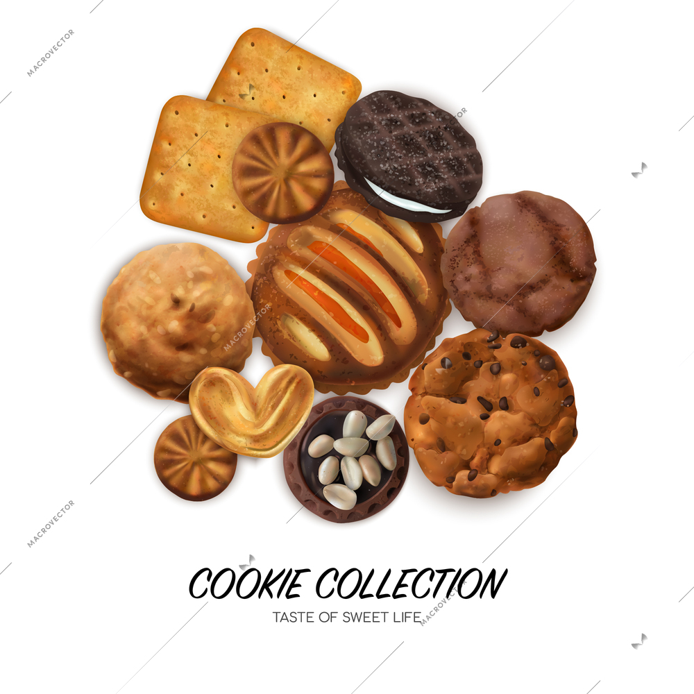 Realistic cookies concept with chocolate sandwich and hearts cookies vector illustration