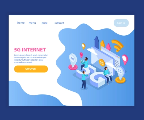 Isometric landing page with 5g internet elements technology icons and people 3d vector illustration