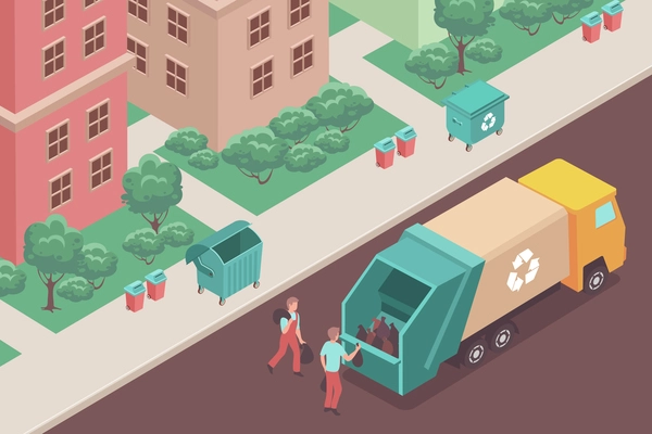 People putting bags with trash into garbage truck 3d isometric vector illustration