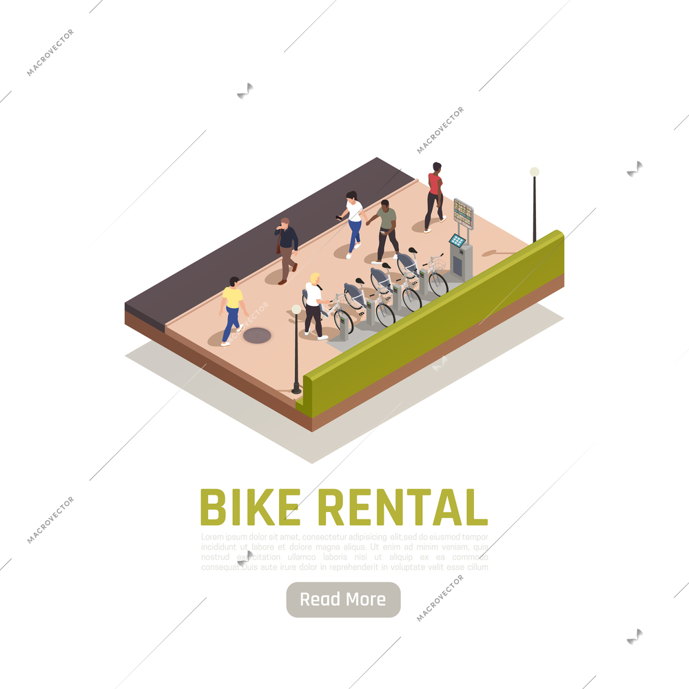 Bike rental isometric composition with some available bicycles for rent at station and cashier machine for payment vector illustration