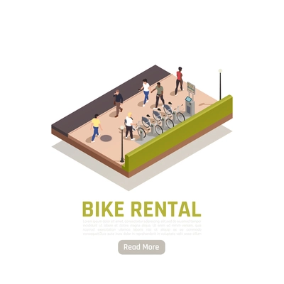 Bike rental isometric composition with some available bicycles for rent at station and cashier machine for payment vector illustration