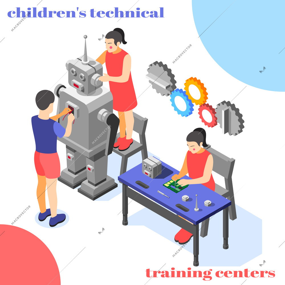 Children technical training center  isometric composition with humanoid robot circuit board connector control system assembling vector illustration