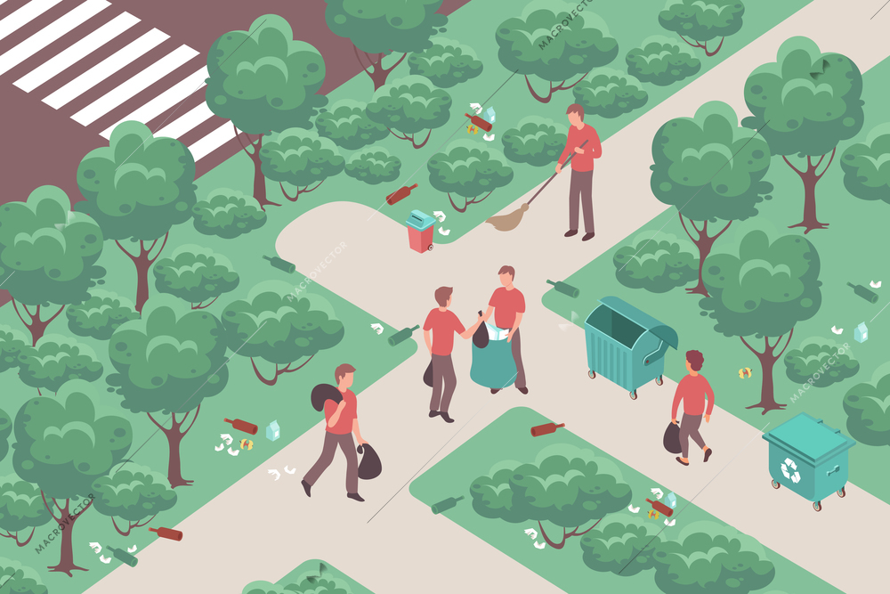 Community work background with people collecting garbage and cleaning paths in park 3d isometric vector illustration