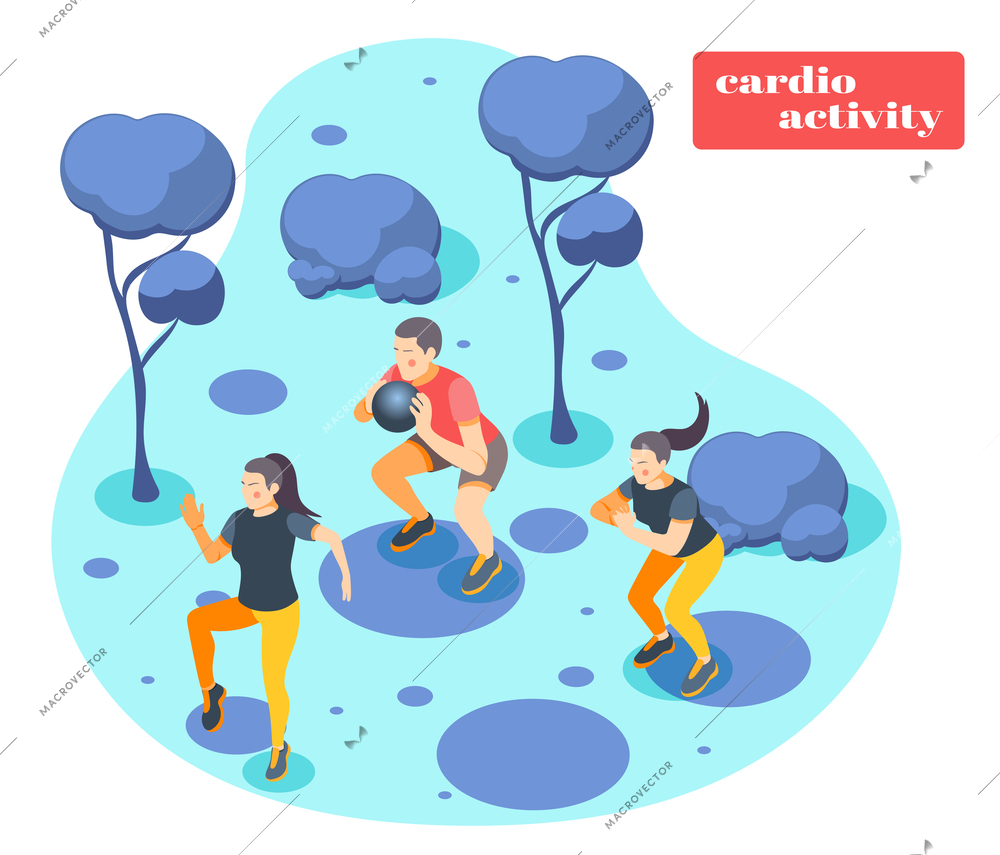 Cardio fitness activity fast paced ball exercise for total body strength outdoor workout isometric background vector illustration