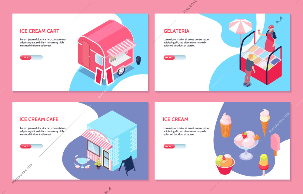 Isometric set of four horizontal banners with ice cream cart cafe vendor isolated on pink background 3d vector illustration