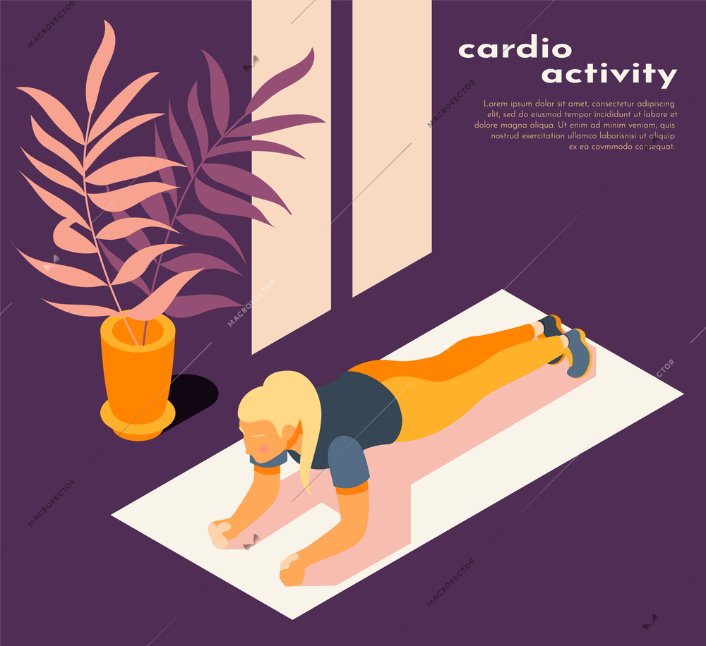 Cardio activity purple yellow isometric background composition with woman doing plank on fitness mat home vector illustration