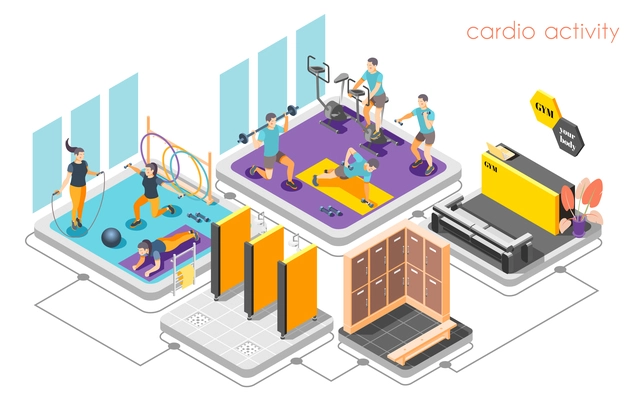 Fitness center concept isometric composition with reception desk cardio activity strength training shower locker room vector illustration