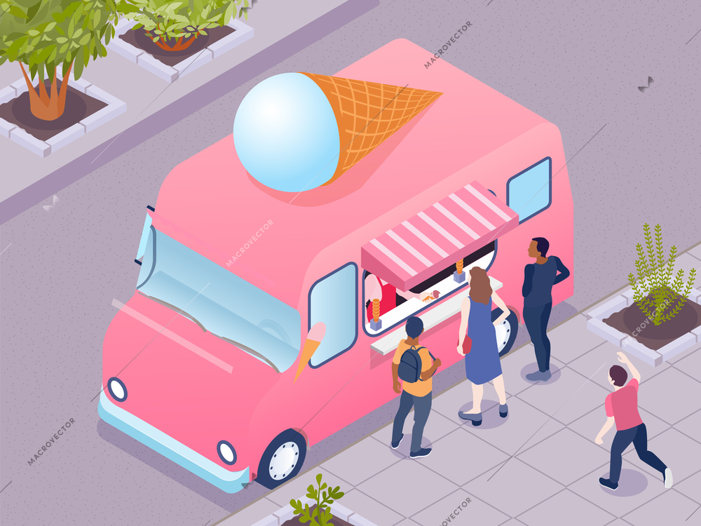 People buying ice cream at pink truck 3d isometric vector illustration