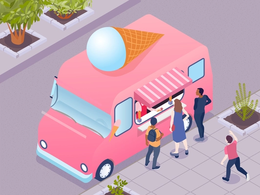 People buying ice cream at pink truck 3d isometric vector illustration