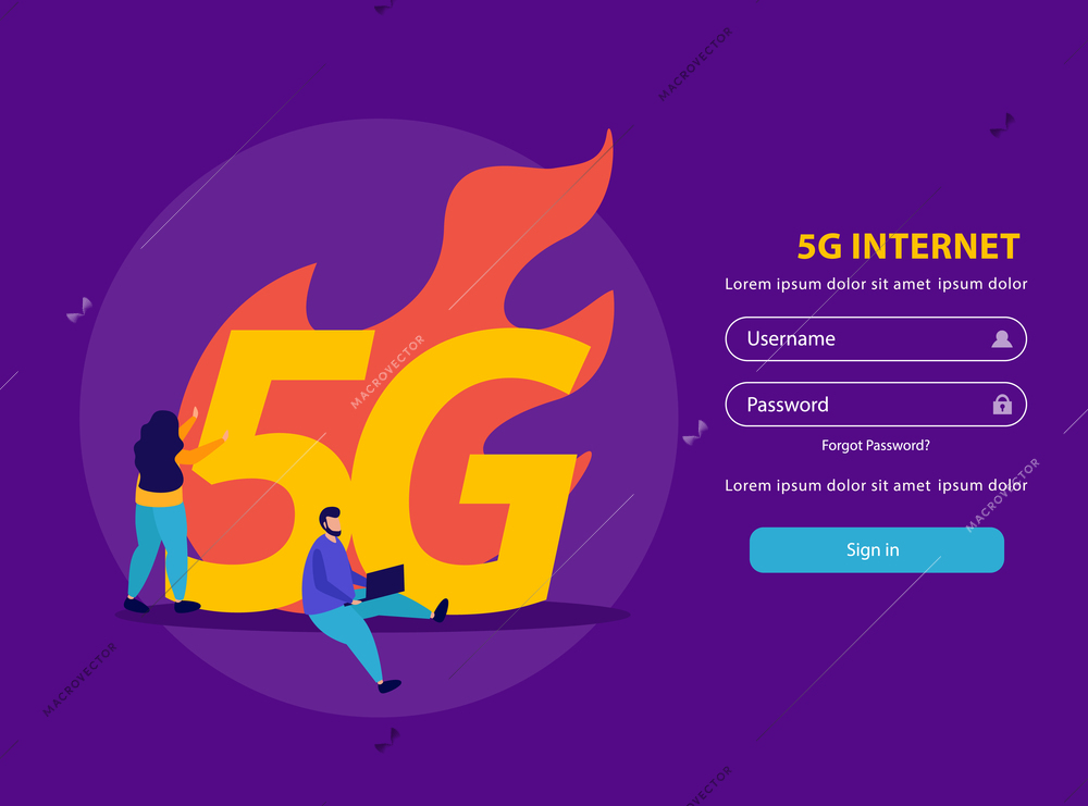 High speed internet of 5g standard landing page with username and password inputs flat vector illustration