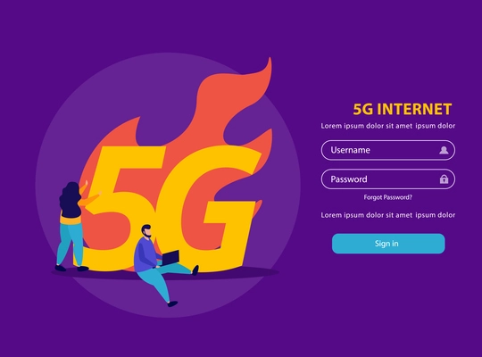 High speed internet of 5g standard landing page with username and password inputs flat vector illustration