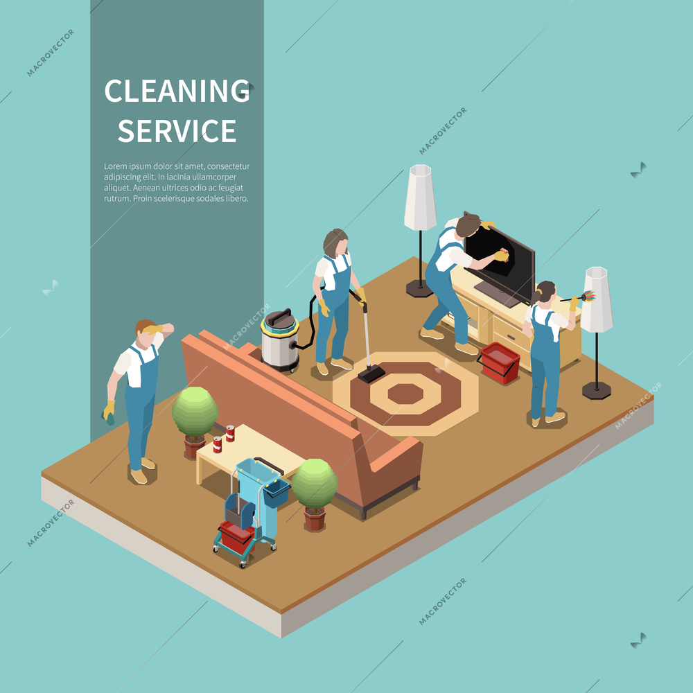 Professional home cleaning service team at work vacuuming carpet dusting lcd tv screen isometric composition vector illustration