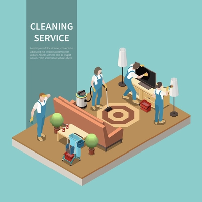 Professional home cleaning service team at work vacuuming carpet dusting lcd tv screen isometric composition vector illustration