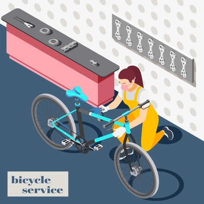 Bicycle repair maintenance service shop interior isometric composition with female mechanic spray painting bike background vector illustration