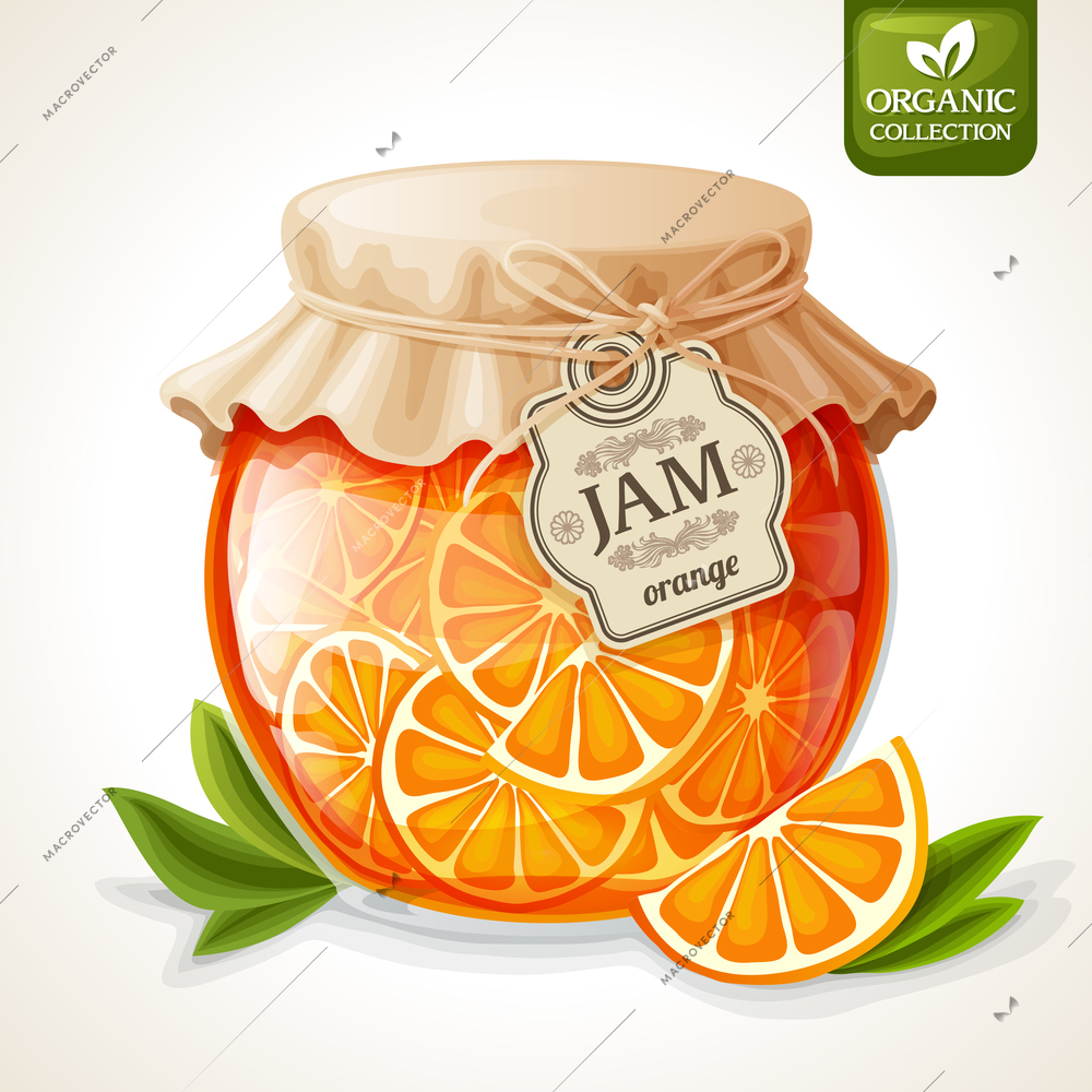 Natural organic orange citrus jam in glass jar with tag and paper cover vector illustration