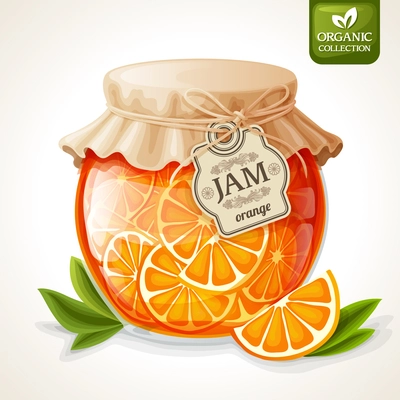 Natural organic orange citrus jam in glass jar with tag and paper cover vector illustration