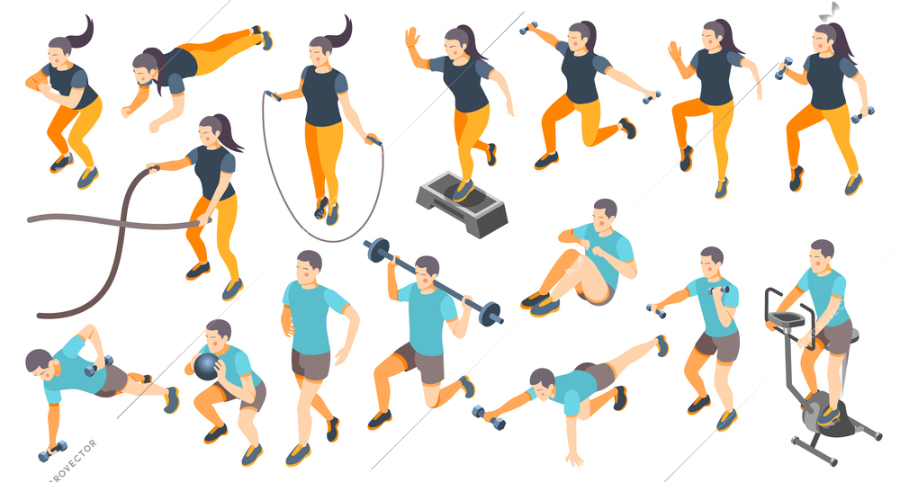Cardio activity isometric icons set with men women weights lifting ball exercises rope skipping workout vector illustration