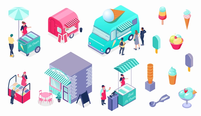 Ice cream cart truck cafe vendor colored isometric icons set 3d isolated vector illustration