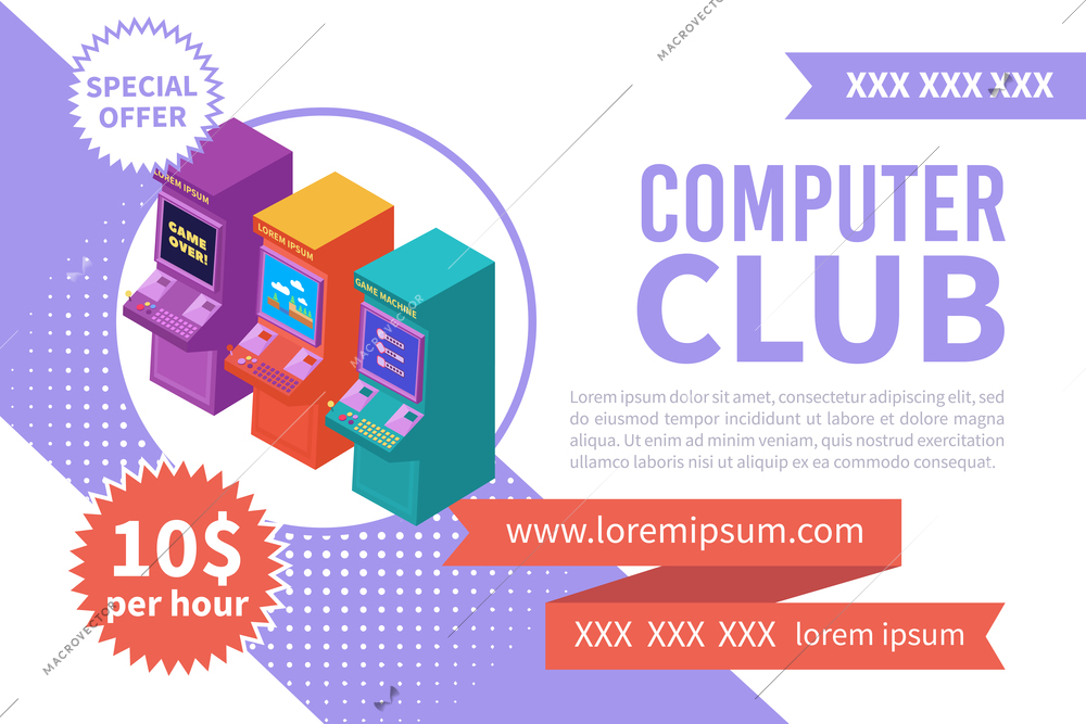 Computer club isometric banner with three colorful video slot machines 3d vector illustration