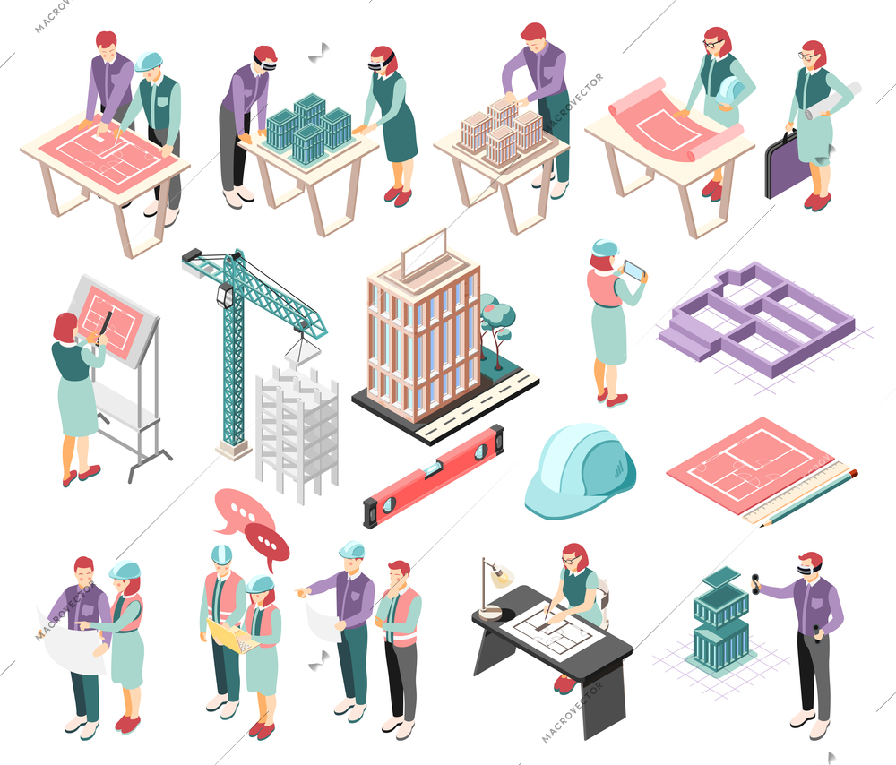Architects engineers isometric icons collection with buildings complex planning sketching blue print construction site supervision vector illustration