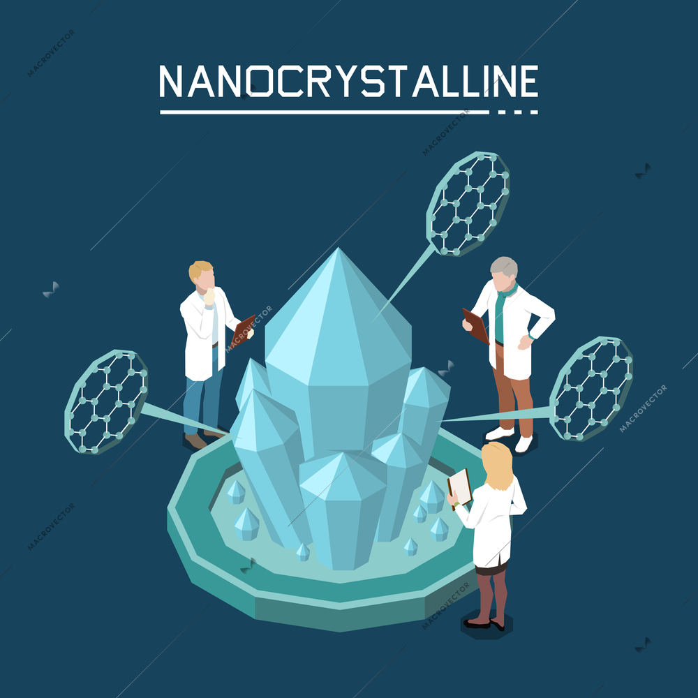 Non classical crystal growth using nano crystalline based on nanoparticles isometric composition with lab staff vector illustration