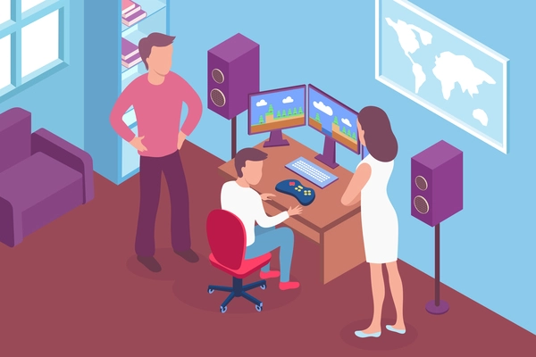 Parent talking to teenager gamer addicted to playing computer games 3d isometric vector illustration